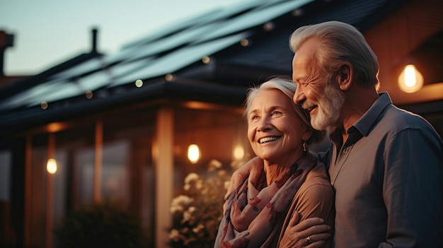 Una pareja de ancianos sonriente parada frente a su lujosa villa por la noche