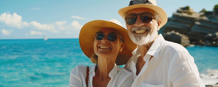 Una pareja de ancianos sonrientes con sombreros relajándose juntos en un solitario telón de fondo junto al mar