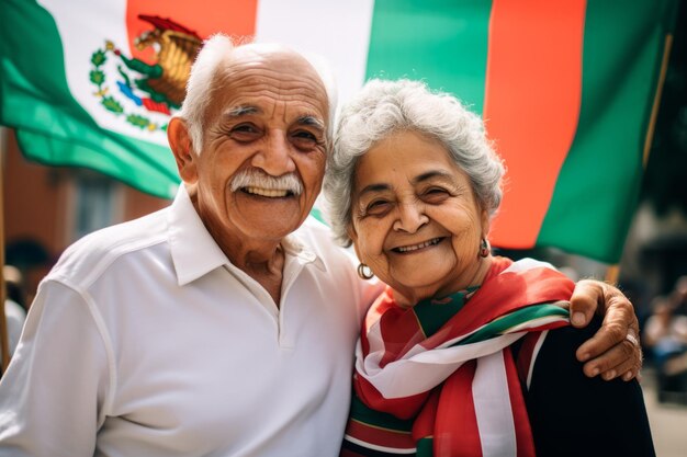 pareja de ancianos sosteniendo la bandera latinoamericana para el Mes de la Herencia Hispana