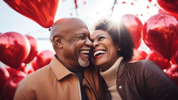 Pareja de ancianos teniendo momentos felices frente a globos rojos