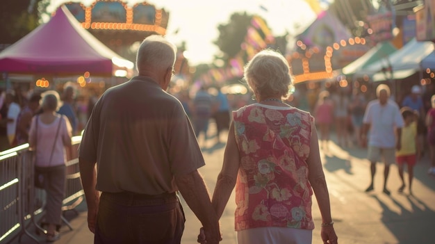 Una pareja de ancianos tomados de la mano lentamente hace su camino a través de las espaldas del recinto ferial frente a la cámara como