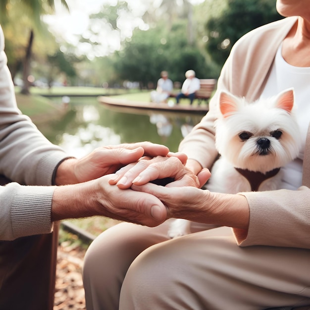 Foto una pareja de ancianos tomados de la mano en un parque público.