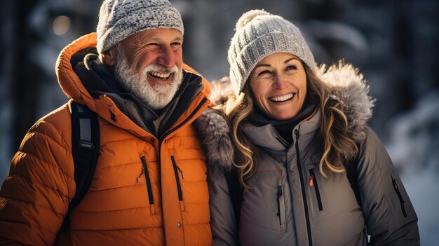 Una pareja de ancianos tomando un paseo de invierno en un tranquilo bosque nevado