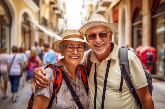 Foto una pareja de ancianos viaja por una ciudad europea