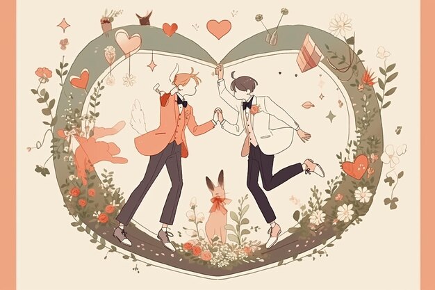 Pareja de anime gay dentro de un corazón floral Ilustración de fondo romántico de San Valentín