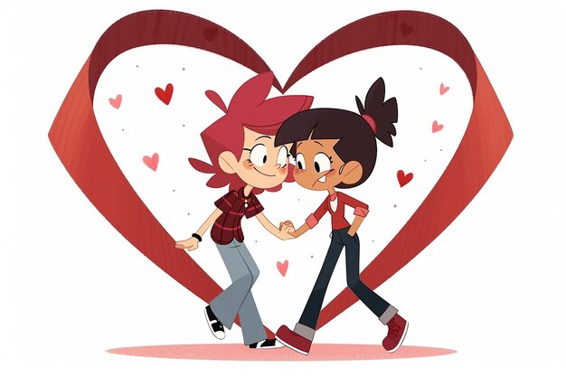 Una pareja de anime lesbiana dentro de una ilustración de corazón abstracto con un fondo romántico de San Valentín