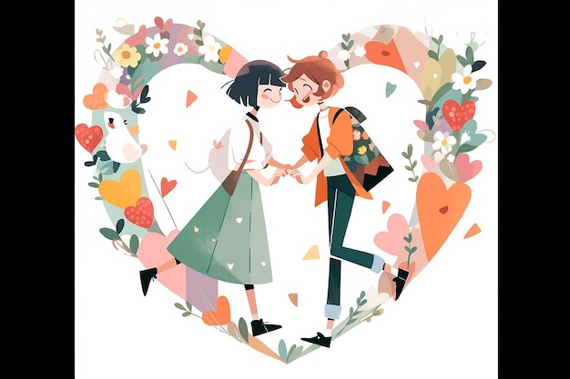 Una pareja de anime lesbiana dentro de una ilustración de corazón floral con fondo romántico de San Valentín