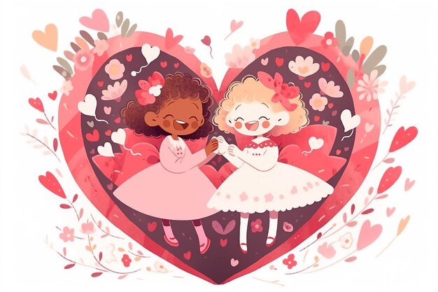 Una pareja de anime lesbiana dentro de una ilustración de corazón floral con fondo romántico de San Valentín