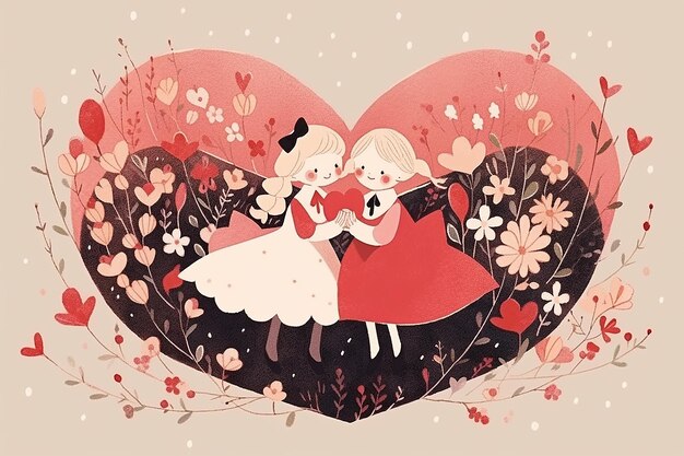 Foto una pareja de anime lesbiana dentro de una ilustración de corazón floral con fondo romántico de san valentín