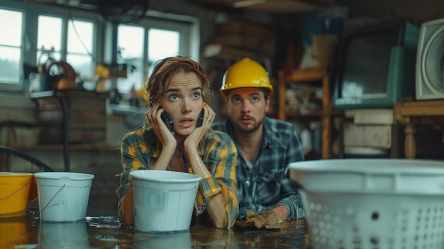 Una pareja ansiosa con cubos recogiendo agua de un techo que gotea