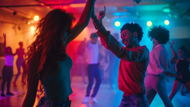 Foto una pareja aprende salsa en un estudio vibrante.