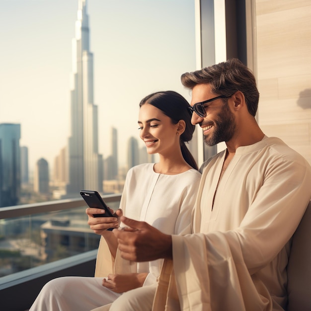 Una pareja árabe se aloja en la terraza con vista al Burj Khalifa