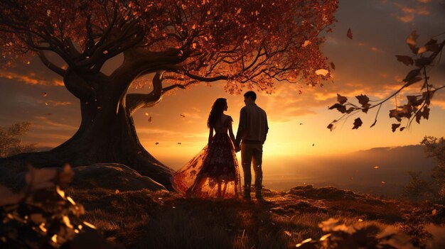 Foto una pareja bajo un árbol al atardecer para desear amor