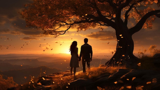 Una pareja bajo un árbol al atardecer para desear amor