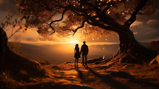 Una pareja bajo un árbol al atardecer para desear amor