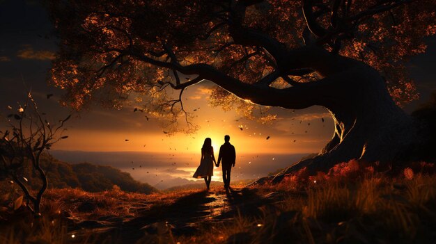 Una pareja bajo un árbol al atardecer para desear amor