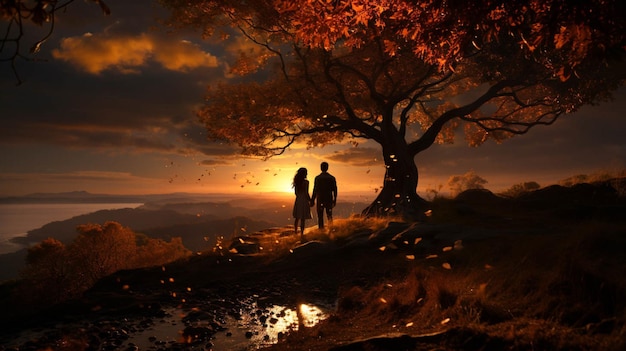 Una pareja bajo un árbol al atardecer para desear amor