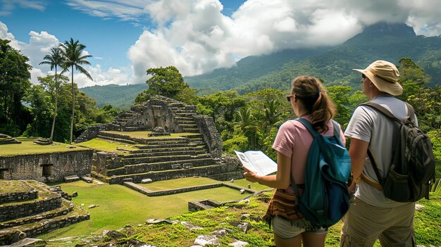 Foto una pareja de arqueólogos explorando antiguas ruinas mayas en la selva