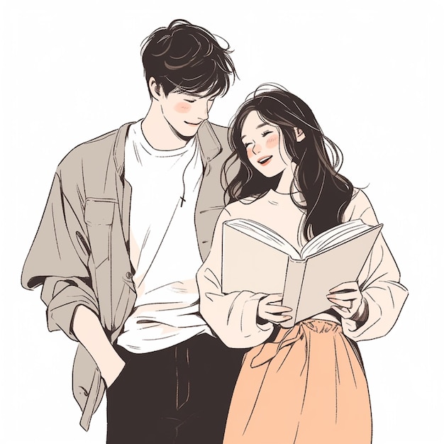 una pareja de arrafed leyendo un libro juntos y sonriendo generativo ai