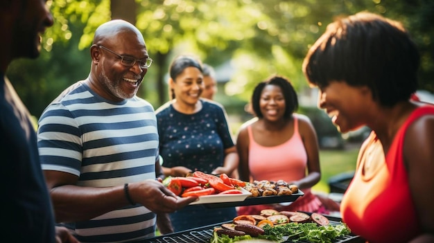 pareja asando en una barbacoa familiar de varias generaciones negras