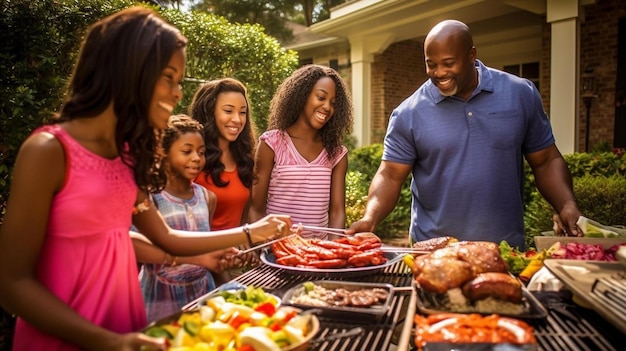 pareja asando en una barbacoa familiar de varias generaciones negras