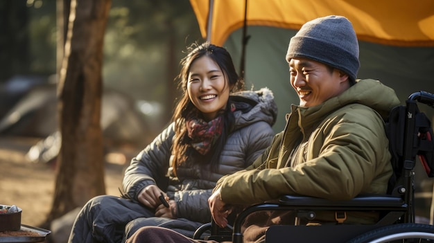 Una pareja asiática acampando por la mañana.