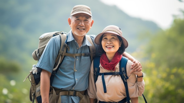 Una pareja asiática de ancianos sonriendo feliz y viajando juntos