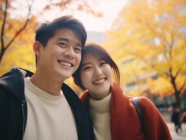 Una pareja asiática está disfrutando de un romántico día de otoño.