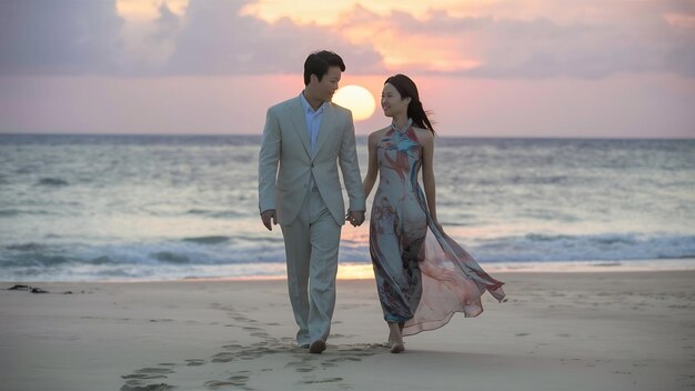 Una pareja asiática en la playa.