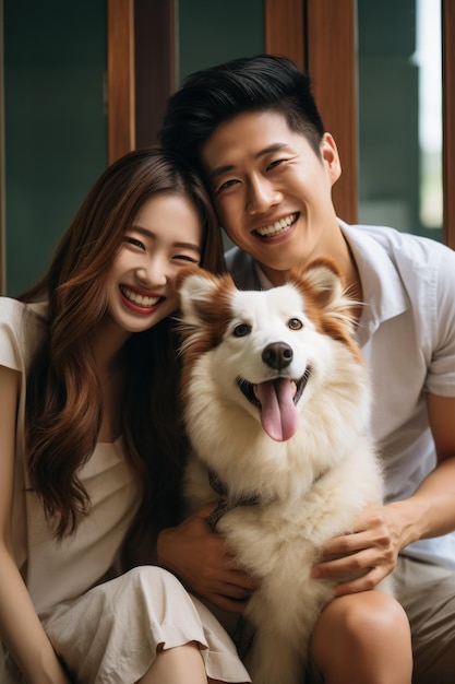 Pareja asiática sonriendo con un perro