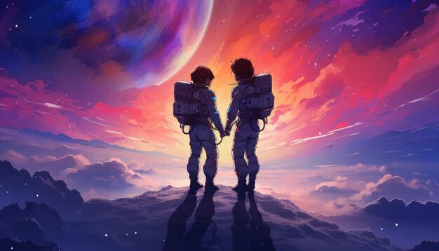Una pareja de astronautas que se toman de la mano en el fondo del cielo espacial