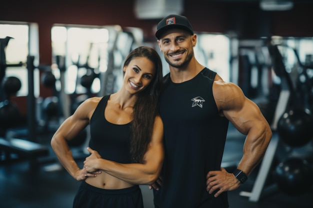 Pareja atlética flexionando los músculos después del entrenamiento en el gimnasio