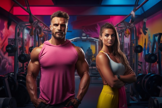 Una pareja atlética posando en el gimnasio con hermosos trajes coloridos