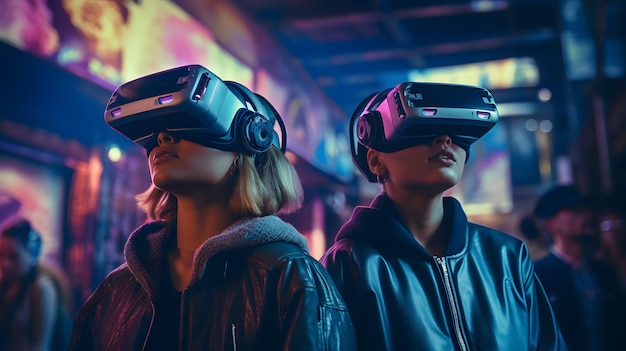 Una pareja con auriculares de realidad virtual entrando en un mundo futurista de realidad virtual al estilo cyberpunk