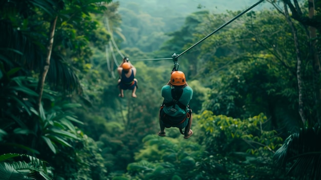 Una pareja aventurera en tirolesa a través de exuberantes doseles de bosque en una excursión a la naturaleza durante sus vacaciones de verano.