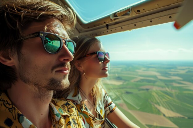 pareja en un avión volando sobre el campo con gafas de sol