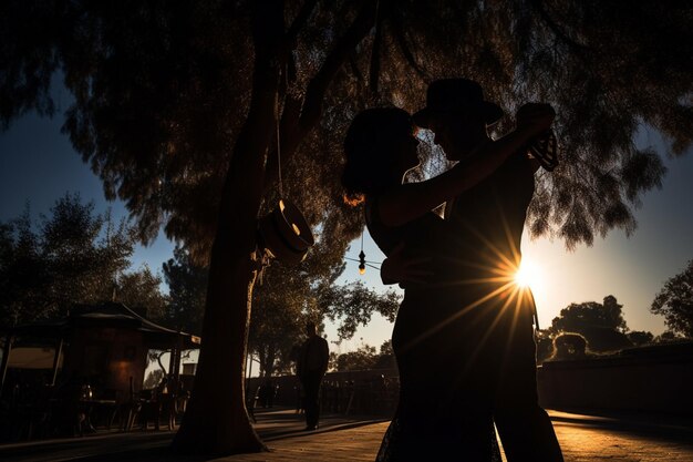 Una pareja bailando bajo un árbol al atardecer.