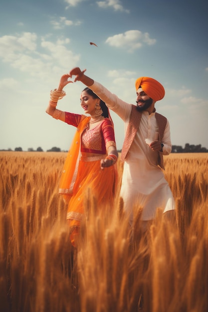 Una pareja bailando en un campo de trigo.