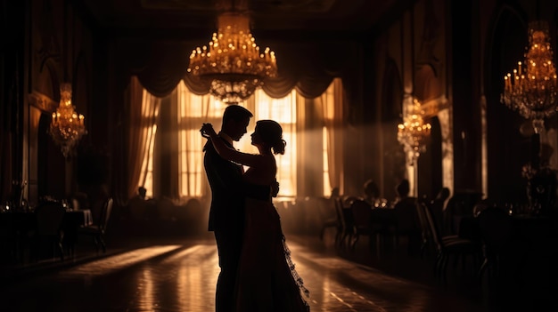 Una pareja bailando en un salón de baile con un candelabro detrás de ellos