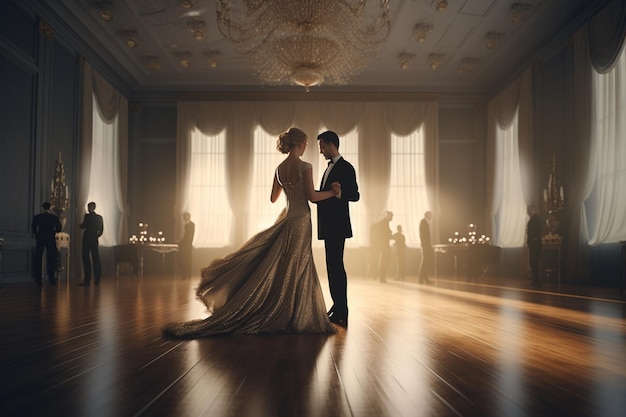 Una pareja bailando en un salón de baile con una luz brillando en la pared detrás de ellos.