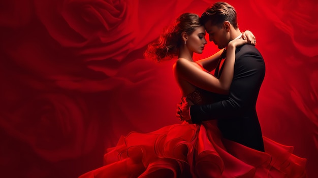 Pareja de baile, mujer impresionante vestida de rojo y hombre con traje de tela volando y saludando con IA generativa