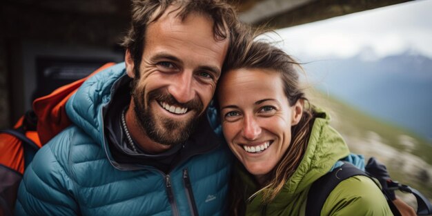 Una pareja en el balcón de una cabaña de montaña sonriendo IA generativa