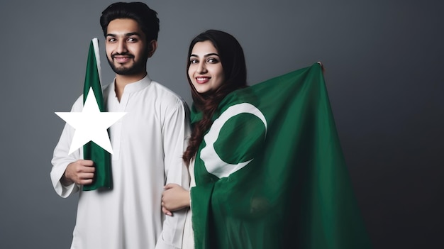 Pareja con bandera de Pakistán en el hombro con fondo sólido al azar