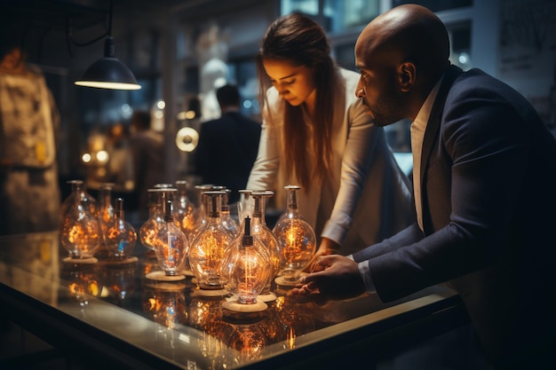 Pareja en un bar con una bombilla de luz de cristal