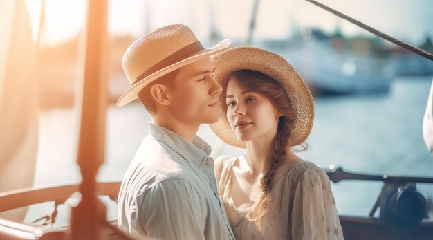 Una pareja en un barco bajo el sol.