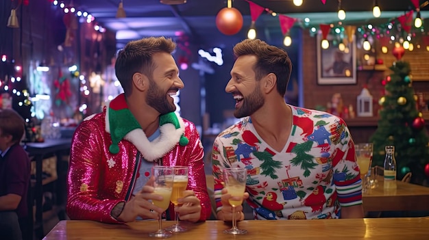 Pareja bebiendo en un bar en la víspera de Navidad