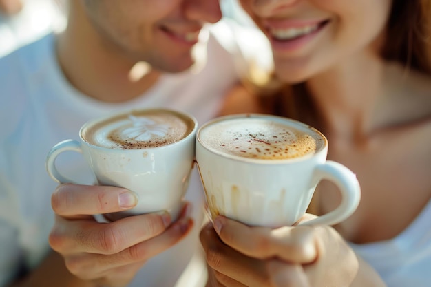 Foto una pareja bebiendo café en el café de verano.