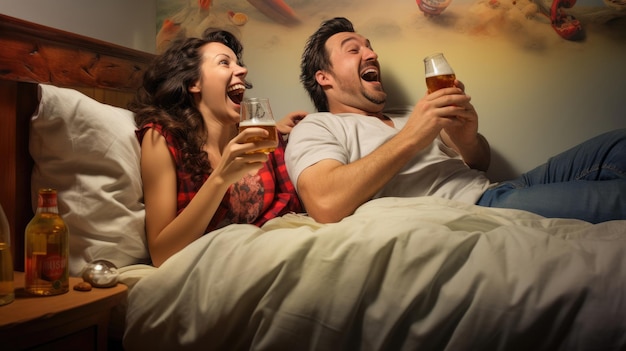 Pareja bebiendo cerveza en su cama