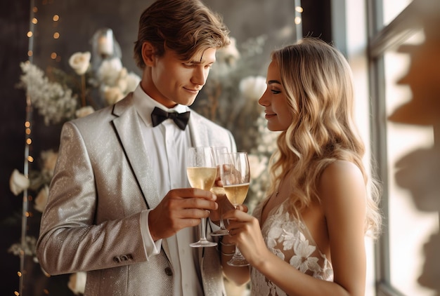 Pareja bebiendo vino en una boda