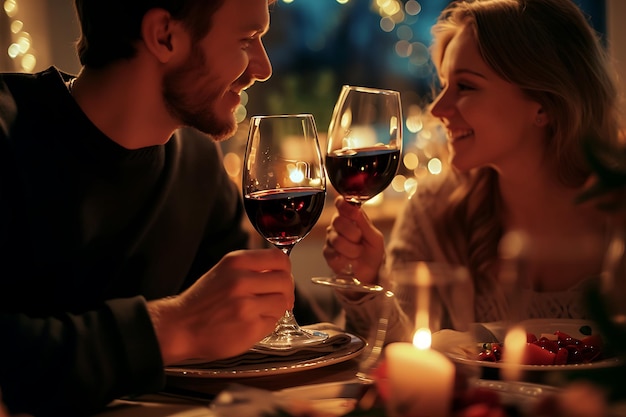 Una pareja bebiendo vino en una cena a la luz de las velas